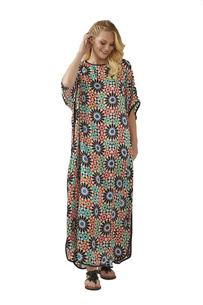 Deriderim Blue Black Elhamra Patterned Unlined Summer Satin Women's Silk Dress