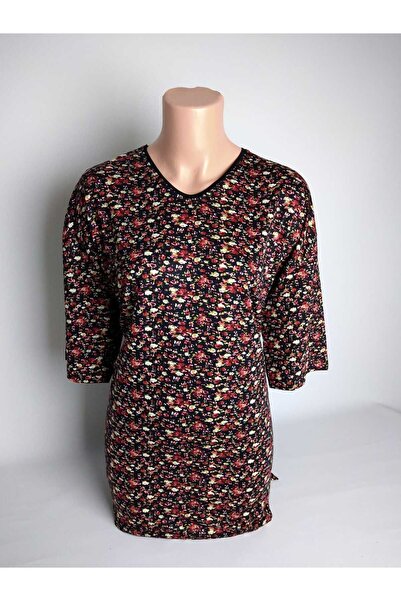 YAŞAR TRİKO Kadın Siyah Bordo Desenli V Yaka Kısa Kollu Yanları Yırtmaçlı Vis...