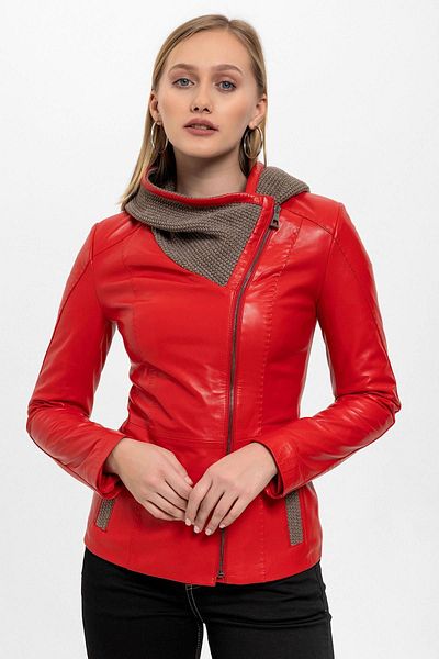 Deriderim Red Antonia Knitwear Hooded Women's Genuine Leather Coat