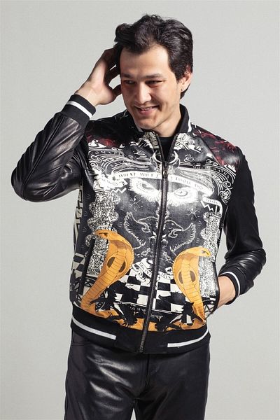 Deriderim Black Abstract Digital Printed Genuine Men's Leather Coat with Zippered Waist and Sleeve Knitwear