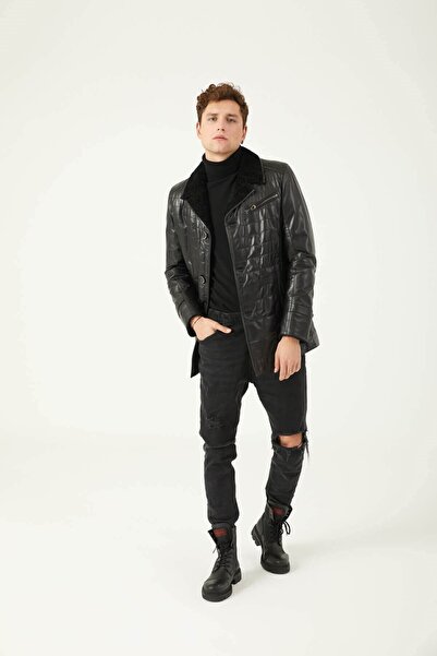 Deriderim Black Furry Inside Pocket Unlined Button Closure Slim Fit Jasper Men's Genuine Fur Coat