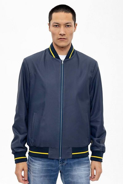 Deriderim Leo Navy Blue Men's Genuine Leather Coat with Knitwear and Zippered Lining on Waist and Sleeve