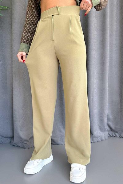 Mine Tan Butik Velcro Detail Palazzo Women's Trousers - Green
