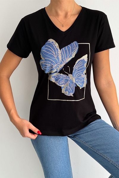 FEMELLE Tricou negru de damă cu paiete fluture cu decolteu în V - 100% bumbac