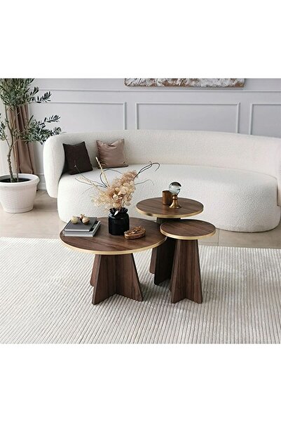 TALAŞTOZUM Mantar 3 Lü Zigon Sehpa Gold Ceviz