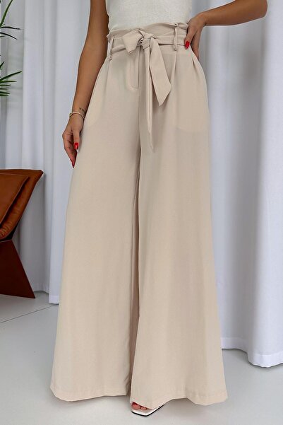 Mine Tan Butik Παντελόνι σε μπεζ χρώμα με διπλό πόδι και λεπτομέρεια ζώνης