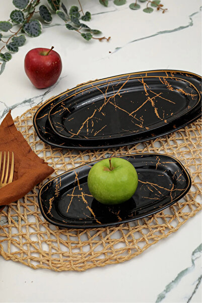 B&M Black Marble Patterned Presentation Boat Plate - Set of 3
