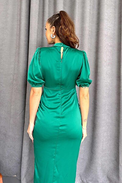 Mine Tan Butik Μαζευμένο Σατέν Γυναικείο Φόρεμα - Πράσινο