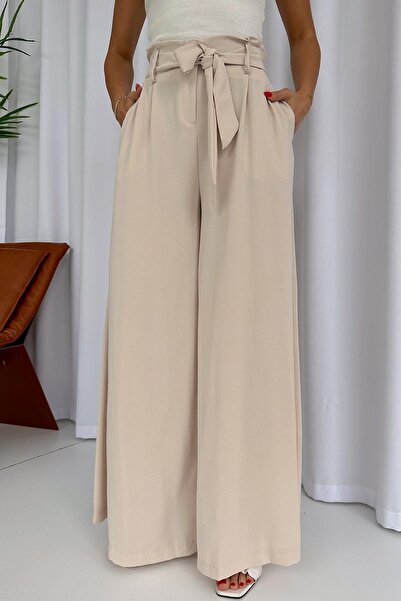 Mine Tan Butik Παντελόνι σε μπεζ χρώμα με διπλό πόδι και λεπτομέρεια ζώνης