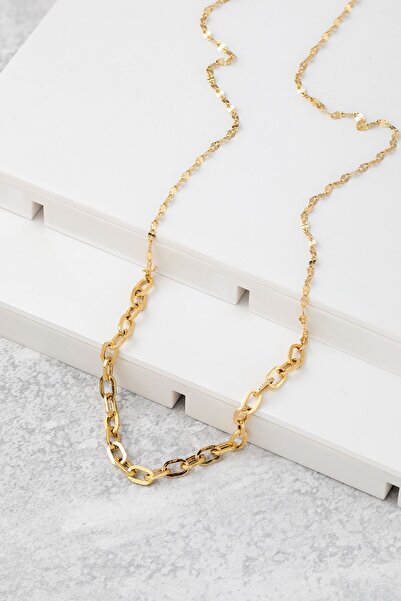 Cenova Jewelry 14 Ayar Altın Ataç ve Pullu Zincir Kadın Kolye