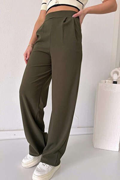 Mine Tan Butik Παντελόνι Collet Detail Palazzo Leg Lycra - Χακί