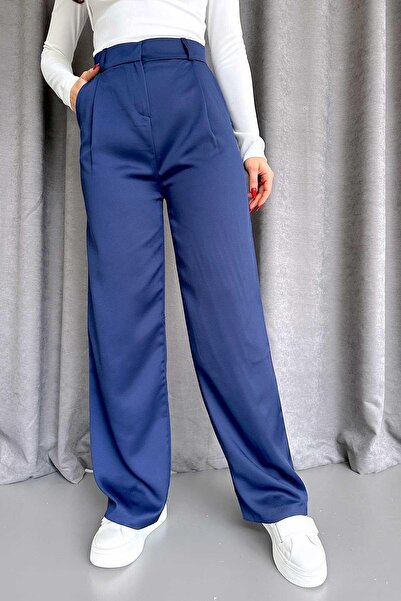 Mine Tan Butik Високі штани з подвійними штанинами з атласу - темно-сині