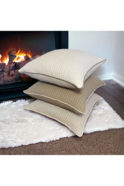 Leila Home &Living Vizon açık kahverengi örgü modelli beyaz biyeli kırlent kı...