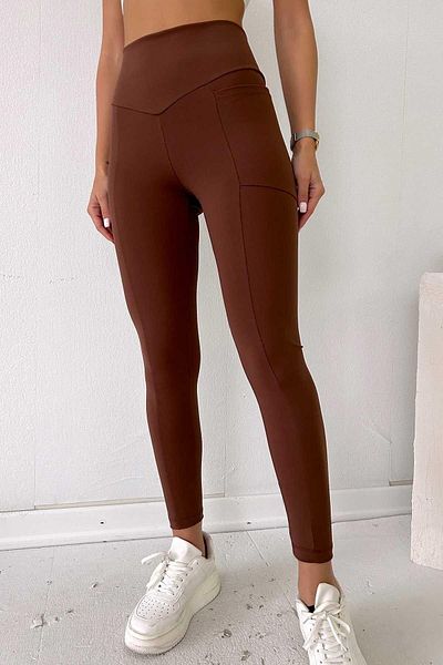 Mine Tan Butik Jambiere sport Lycra cu talie înaltă cu buzunare laterale - maro închis