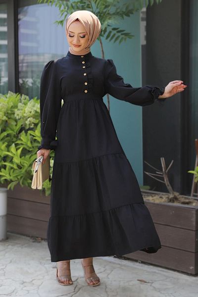 Qenz Terikoton Hijab Dress with Frilled Sleeve and Front - Black