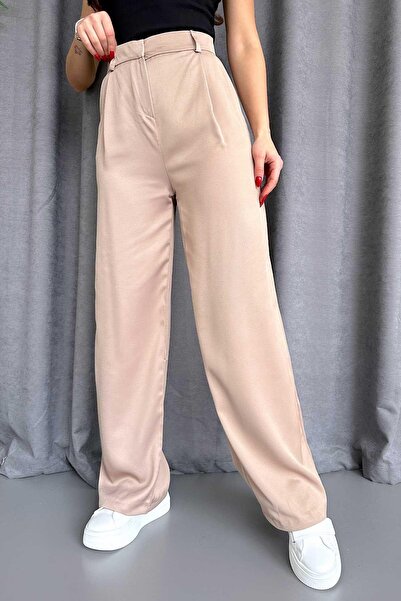 Mine Tan Butik Ψηλόμεσο Σατέν Παντελόνι Διπλό - Μπεζ