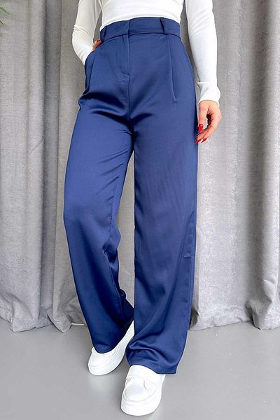 Mine Tan Butik High Waist Double Leg Satin Trousers - Navy Blue