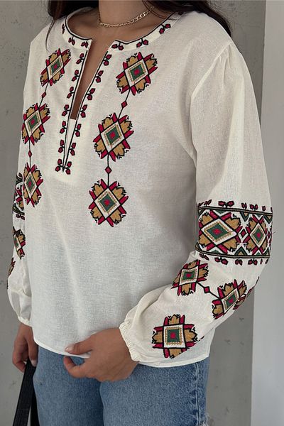 FEMELLE Cotton Vintage Embroidered Women's Blouse with Ankle Elastic - Balloon Sleeve