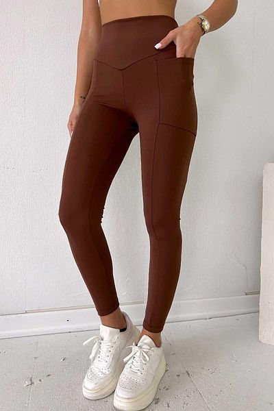 Mine Tan Butik Jambiere sport Lycra cu talie înaltă cu buzunare laterale - maro închis