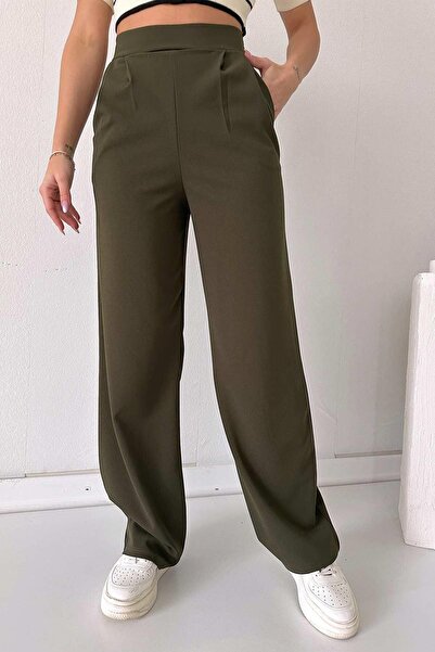 Mine Tan Butik Παντελόνι Collet Detail Palazzo Leg Lycra - Χακί