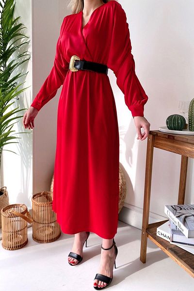 Mine Tan Butik Long Sleeve Satin Women's Dress with Gathered Waist Detail - Red
