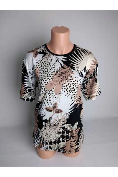 YAŞAR TRİKO Kadın Krem  Desenli Bisiklet Yaka Kısa Kollu Yanları Yırtmaçlı Vi...