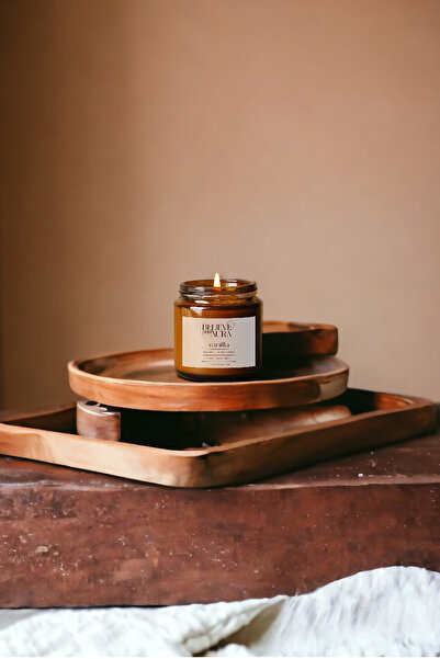 Believe Your Aura Vanilya Kokulu Mum - %100 Doğal Soya Mumu Amber Kavanoz Aromaterapi Mum - 100 cc