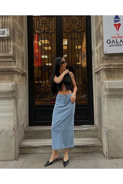 AREF JEANS Long Denim Skirt with Slits on the Back