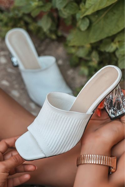 Moka Shopin White Knitwear Heeled Evra Slippers
