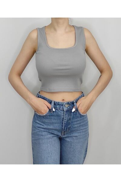 Bomenti Life Women's Gray Corded U-Neck Sleeveless Crop T-Shirt