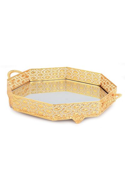 HELVACIOĞLU AKSESUAR Honeycomb Patterned Mirrored Turkish Delight Presentation Tray 30 cm Gold