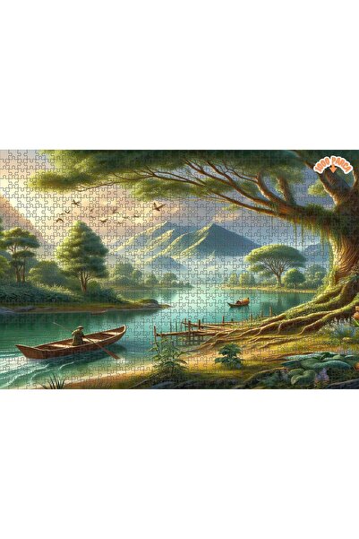 Teona Ahşap Huzurlu Göl Manzarası Dekoratif Çift Katlı Çerçeveli Asılabilir A...