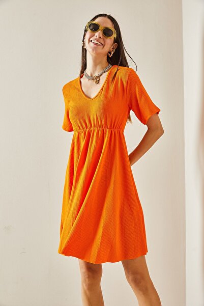 XHAN Φόρεμα V-Neck Orange Flounce - 5YXK6-48613-11
