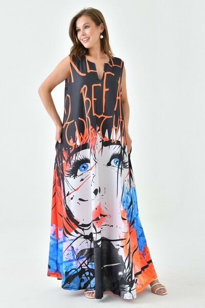 lovebox Sukienka maxi z nadrukiem cyfrowym - szczegółowe kieszenie, bez rękawów 10032