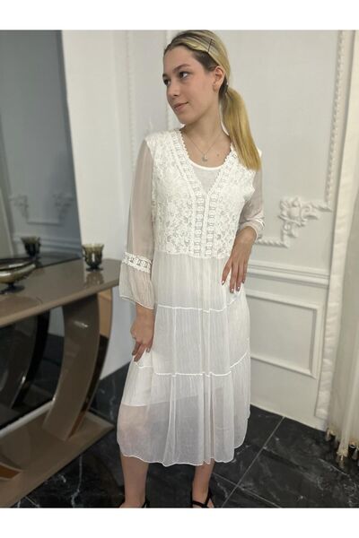 Bohemian Women's White Lace Long Silk Dress