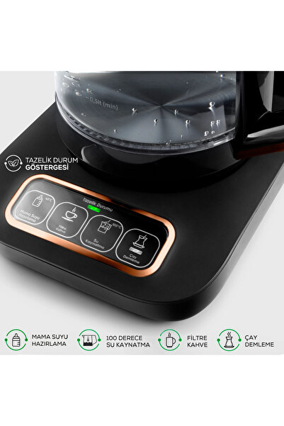 Karaca Premium 4 in 1 Konuşan Cam Çay ve Filtre Kahve Makinesi Black Copper 2500W