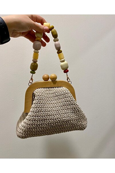 Rabika Simli Pamuk Makrome Ahşap Burslu Çanta