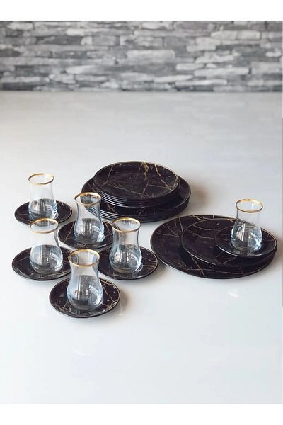 B&M 24 Piece Round Breakfast Set - Black Marble Pattern
