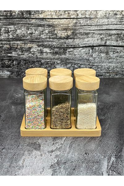 YzHome 300ml Capacity - Set of 6 Bamboo Jars with Stand and Square Spice