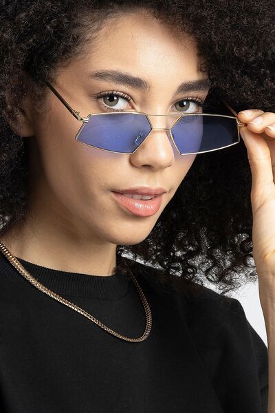 polo55.sport.1855 Gold Metal Çerçeveli Mavi Camlı Beşgen Retro Kadın Güneş Gözlüğü