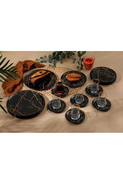B&M 24 Piece Round Breakfast Set - Black Marble Pattern