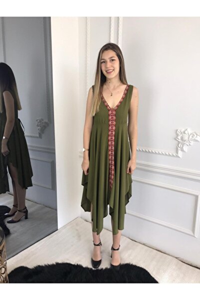 Bohemian Khaki Asymmetrical Stripe Pattern Detailed Bohemian Dress