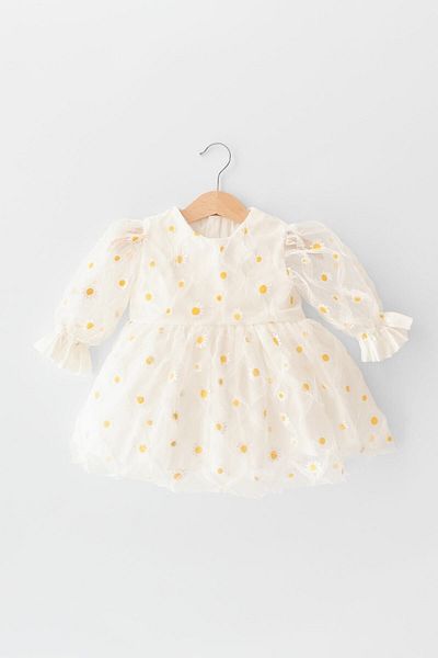 Banamio Alyssa Baby Girl Child Cotton Lined Daisy Printed Fluffy Tulle Dress (white)