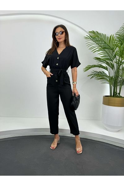 Elif Özbey Butik Salopetă neagră cu două buzunare cu nasturi