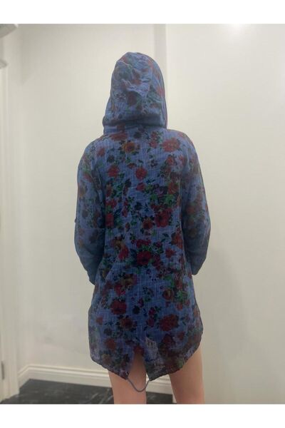 Bohemian Kadın Kot Mavisi Çiçekli Organik Pamuk Yazlık Hırka