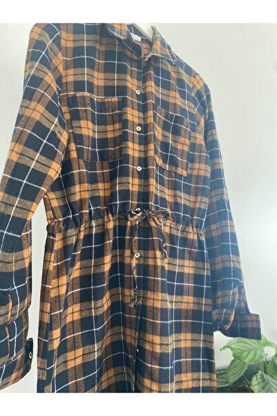 Bohemian Lumberjack Fabric Long Sleeve Waist Lace-up Shirt Dress