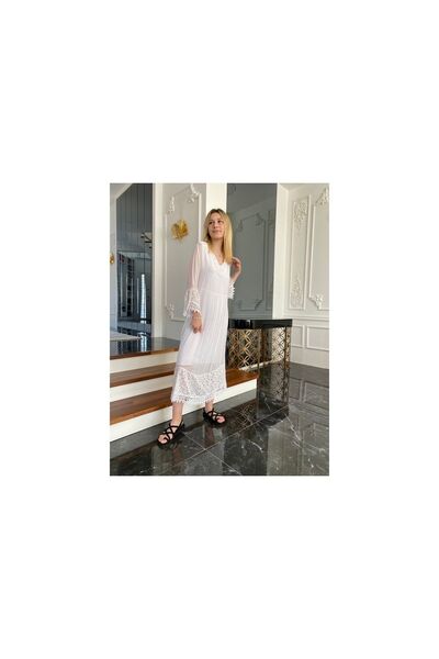 Bohemian Women's White Lace Detailed Long Silk Dress