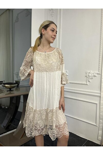 Bohemian Women's Ecru Spanish Sleeve Flared Lace Dress