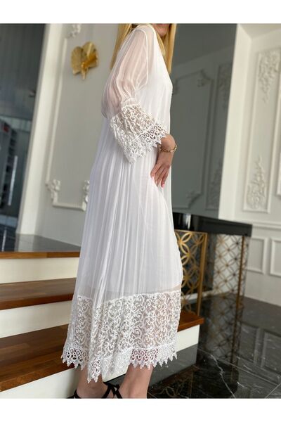Bohemian Women's White Lace Detailed Long Silk Dress