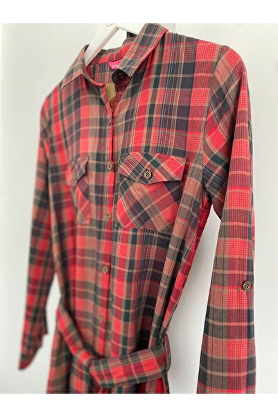Bohemian Kadın Ekose Boydan Düğmeli Uzun Gömlek Elbise